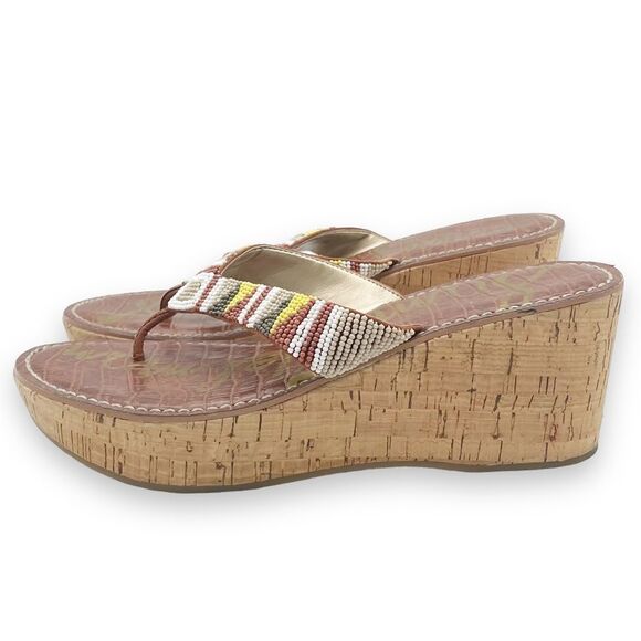 Sam Edelman Rosa Nude Ginger Beaded Thong Cork Wedge Sandal Flip Flop Size 8.5 - Picture 5 of 16